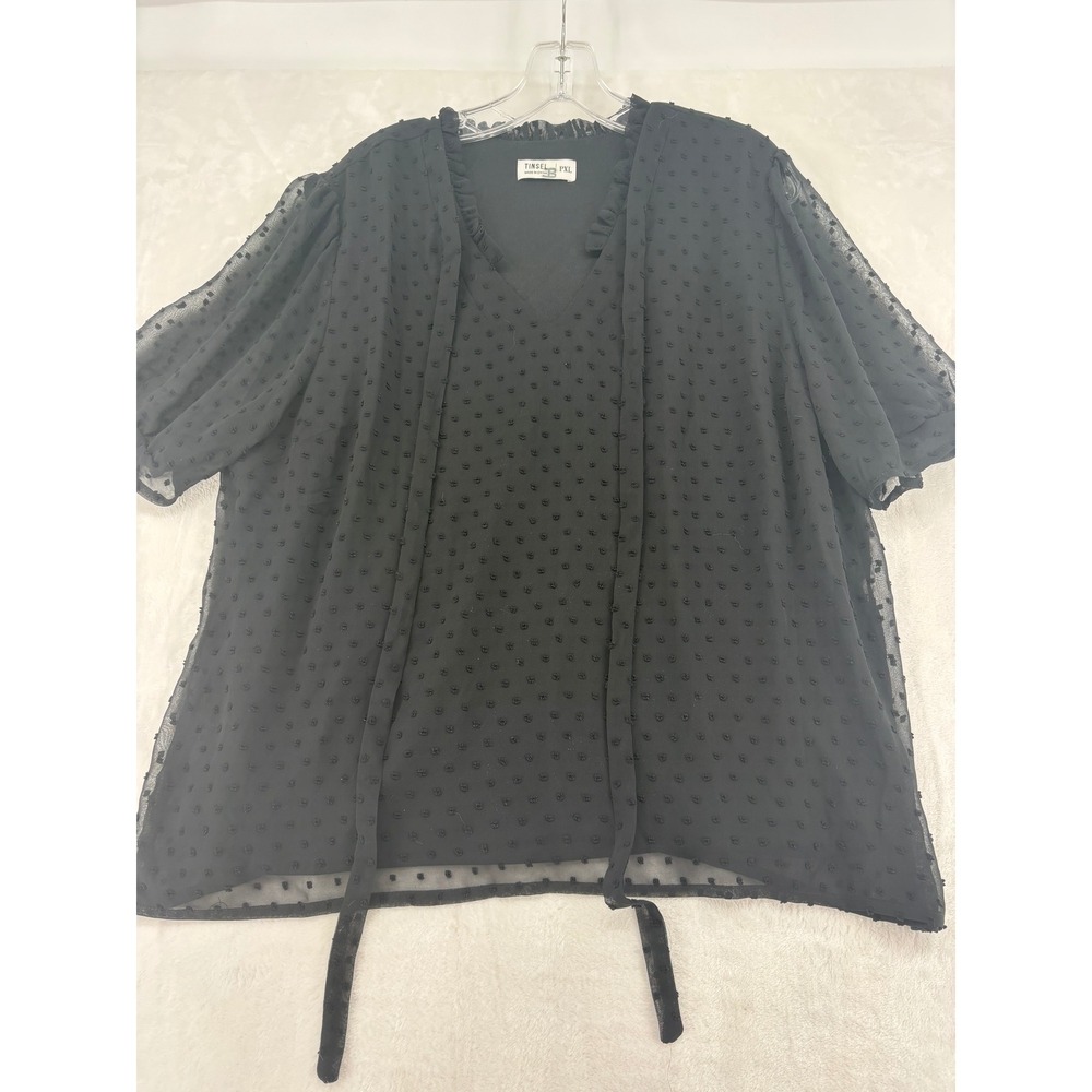 Tinsel Blouse Womens PXL Top Black Swiss Dot Sheer Ruffle V-Neck Short Sleeve